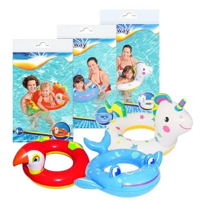 Image of Pool Inflatables Floats for Swimming Pools Pack of 3 Cute Unicorn, Parrot &amp; Wales Design Float Swim Ring with Topline Card. Kids 6 Years