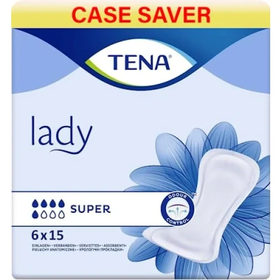 Image of 90 x Tena Lady Super Incontinence Pads for Women, 6 Packs of 15, with Medium to Heavy Bladder Weakness,Highly Absorbent Pad Women