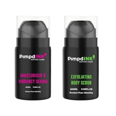 Image of PimpdINK Tattoo Aftercare Kit Bundle Moisturiser &amp; Vibrancy Serum and Exfoliating Body Scrub 100ml Airless Pump