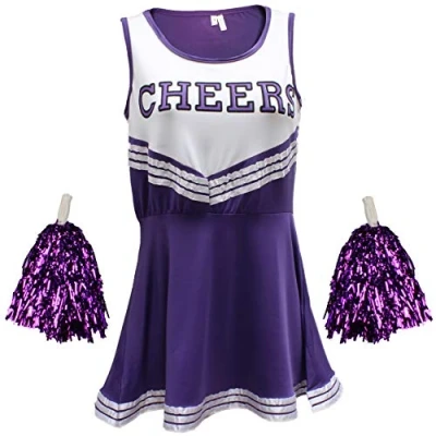 Image of Cheerleader Fancy Dress Outfit Uniform High School Costume With Pom Poms Purple Cheerleader, Medium