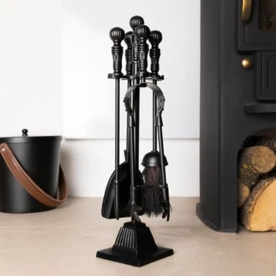 Image of Charles Bentley Snug Cottonwood Fireside Companion Set Tongs Poker Shovel Natural Coco Fiber Brush Iron Tool Stand