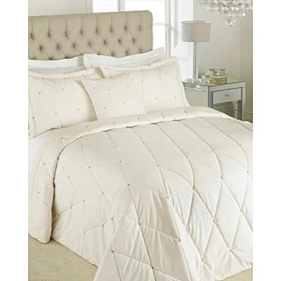 Image of Riva Paoletti New Diamante Bedspread Set Cream Crystal Sequins Quilted Geometric Design 2 X Pillow Shams Included 100% Polyester 220 240Cm (87&quot; 94&quot; Inches)