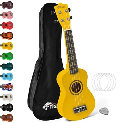 Image of Soprano Ukulele Ukelele for Kids includes Gig Bag, Felt Pick, Spare Strings Yellow TIGER UKE7 YL