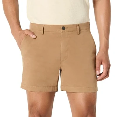 Image of Amazon Essentials Men&#039;s Slim Fit 5&quot; Flat Front Comfort Stretch Chino Short (Previously Goodthreads), Dark Khaki Brown, 42W