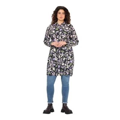 Image of Ulla Popken Womenswear Plus Size Curvy Floral Button Down Long Sleeve Tunic Dress black 50+ 831614100