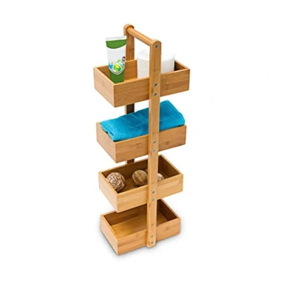 Image of Relaxdays Bamboo Standing Shelf (75 x 25 18 cm) 4 Shelves, Bathroom Unit with Basket Shelves Shower Caddy