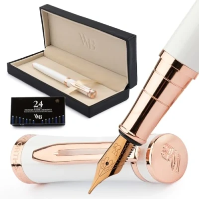 Image of Wordsworth &amp; Black Fountain Pen Set, 18K Gilded Medium Nib, Includes 24 Pack Ink Cartridges, Refill Converter Gift Box, Gold Finish, Calligraphy, [White Rose Gold], Perfect for Men Women