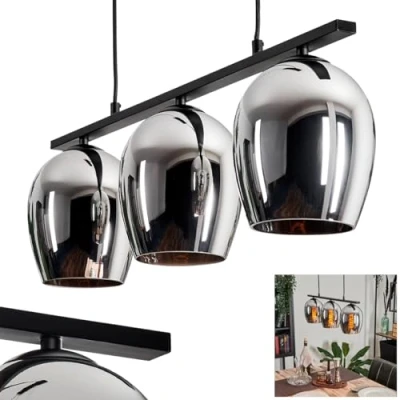 Image of Vevino Pendant Light, Metal/Glass Light in Black/Chrome Colour, Vintage/Retro Design luminaire, Glass Shades (Ø 15 cm), 3 Flame, max. Height 116.5 cm, x E27, Without Bulbs