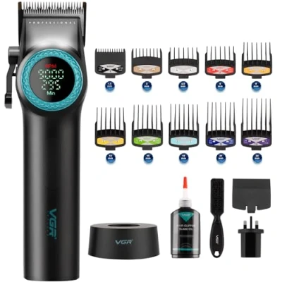 Image of VGR Hair Clippers Men Cordless Electric Professional Barber Cutting Kit for Head Haircut 9000 RPM Taper Lever Rechargeable 300 Min Battery DLC Ceramic Blades Long Beard Trimmer