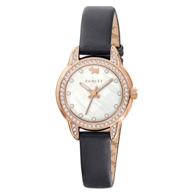 Image of RADLEY Womens Rose Gold Plated Stone Set Mother of Pearl Dark Blue Leather Strap Analogue Watch