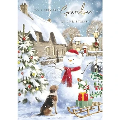 Image of Grandson Christmas Card Special Artistic Festive Design Dog and Snowman Finish Made in the UK Eco Friendly