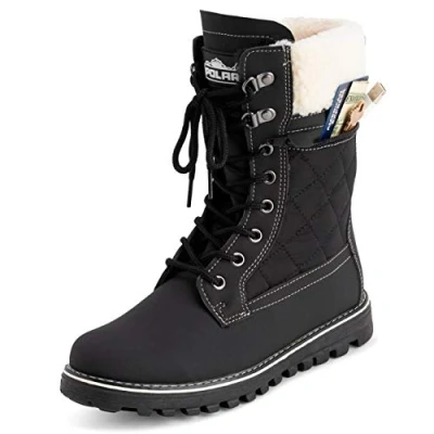 Image of Polar Womens Memory Foam Outside Pocket Inside Zip Thermal Waterproof Deep Tread Rubber Sole Snow Boots Black/Beige Shearling UK7/EU40 YC0617