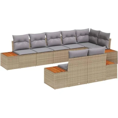 Image of vidaXL 8 Piece Garden Sofa Set with Cushions in Beige Poly Rattan and Acacia