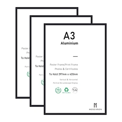 Image of A3 Certificate Picture Frame,3 Pack Black Aluminum Photo Frame with plexiglass for Wall Mount Display,29.7x42 cm,Set of 3