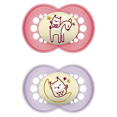 Image of MAM Original Night Soother 6+ Months (Pack of 2), Sustainable Baby Soother, SkinSoft Silicone Teat, Glow in the Dark Pink (Designs May Vary)