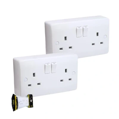 Image of SHP® CONVEX Range White 13A Electrical 2 Gang Switched Wall Socket and 25mm Surface Mount Pattress Box (2 + Back Pack))