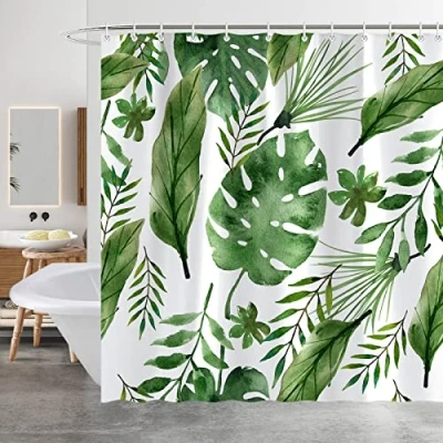Image of Minicoco Shower Curtain Mould Proof Mildew Resistant Bathroom Curtains Waterproof 100% Polyester Green with 12 Hooks, 180 x cm (Tropical Rain Forest)