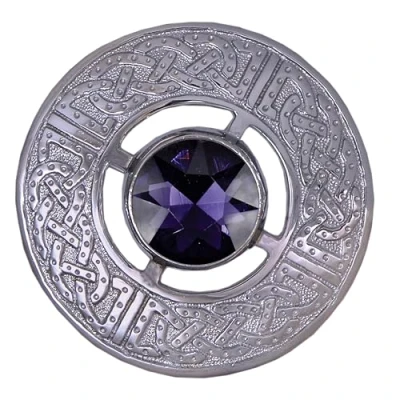 Image of Scottish Kilt Plaid Brooch Thistle Crest Silver Finish Celtic Knot Brooches &amp; Pin Ladies Scarf, Tartan Sash, Shawl 8cm (Purple Stone)