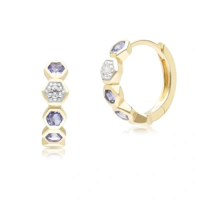 Image of Geometric Round Tanzanite and Sapphire Hoop Earrings in 9ct Yellow Gold