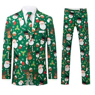 Image of Dobell Mens Green Santa and Friends 2 Piece Christmas Suit Regular Fit 38R