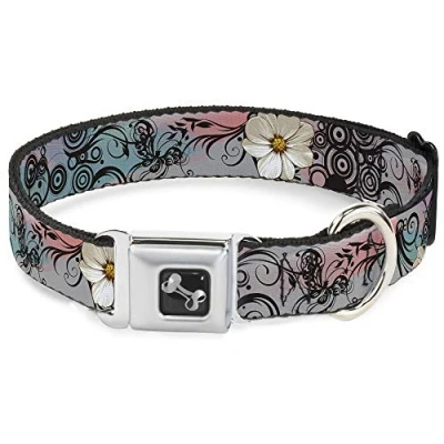 Image of Dog Collar Seatbelt Buckle Flowers Filigree Pink 13 to 18 Inches 1.5 Inch Wide, DC W30620 WS