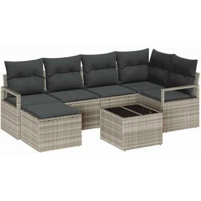 Image of vidaXL 7 Piece Garden Sofa Set with Cushions Grey Poly Rattan
