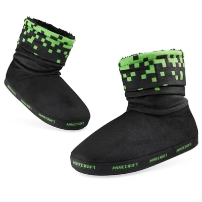 Image of Minecraft Slipper Boots for Boys and Teens Warm Kids Slippers Size 10 6 Non Slip House Shoes Gamer Gifts (Black/Green, 2/2.5 UK)