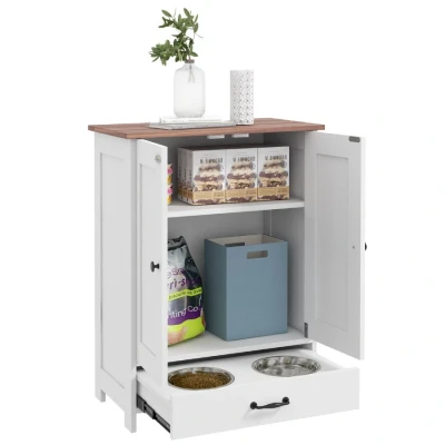 Image of PawHut Pet Feeding Station with Storage, Dog Raised Bowls, Adjustable Panel, Hooks, Food Storage Cabinet, White