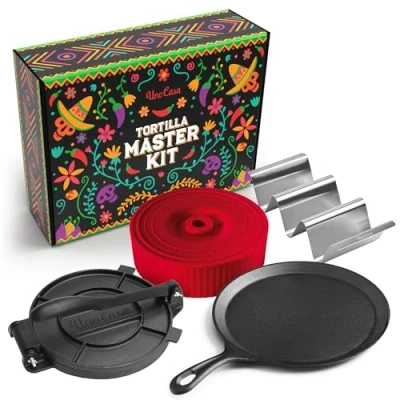 Image of Uno Casa Master Kit Tortilla Press 8 Inch with Comal Pan, 4 Taco Holders and Warmer Unique Gift for Friends or Family