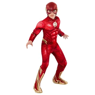 Image of Rubie&#039;s 703016 Dc Comics Movie Flash Deluxe Costume Jumpsuit and Mask Kids Fancy Dress, Boys, Red, 9 10 Years