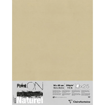 Image of Clairefontaine Ref 96542C Paint&#039;ON Multi Technique Naturel Paper (25 Sheets) 50 x 65cm, 250gsm Heavyweight Paper, Natural Sand Colour, Acid Free, pH Neutral
