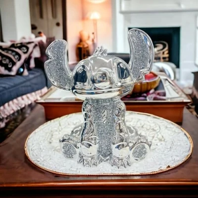 Image of Crushed Diamond Silver Crystal Disney Stitch Ceramic Sparkly Ornament, Shelf Sitter Figurine 30cm
