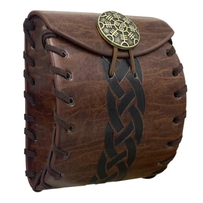 Image of HiiFeuer Medieval Faux Leather Mini Belt Bag, Portable Renaissance Pouch, Nordic Coin Purse Dice Bag for LARP Ren Faire (Brown A)
