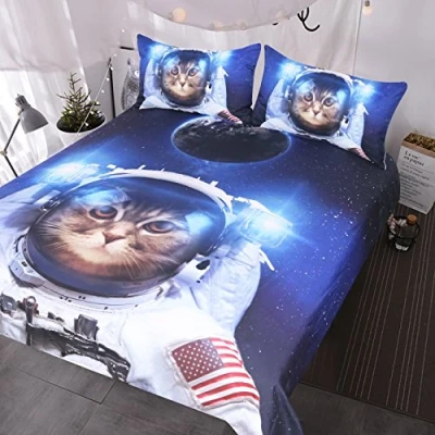 Image of BlessLiving Funny Space Cat Bed Set 3 Piece Astronaut Pet Bedspread Teens Kids Blue Galaxy Bedding Star Universe Duvet Cover(Double)