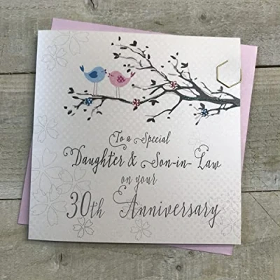 Image of White cotton cards Daughter &amp; Son in Law 30th Wedding Anniversary Card Thirty Pearl Birds and Tree branch