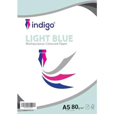 Image of Indigo® A5 Multipurpose Copier Coloured Paper 80gsm Pale Blue Pack of 100 Sheets