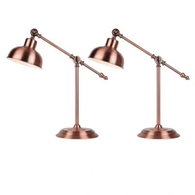 Image of firstchoicelighting Pair of Brushed Copper Lever Arm Table Lamps or Bedside Lights Classic Styled Desk Light Adjustable Antique Finish LED Compatible