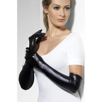 Image of Smiffys Gloves, Wet Look, Black , Fever Gloves Fancy Dress, Dress Up Accessories