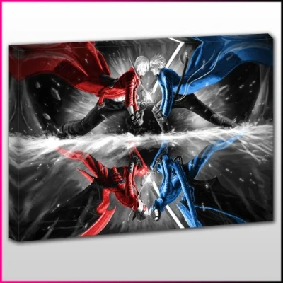 Image of OneBlankWall G039 Devil May Cry Dante Vs Vergil Reflection Framed Ready To Hang Canvas Print, Games, Pop Street Wall Art, Picture