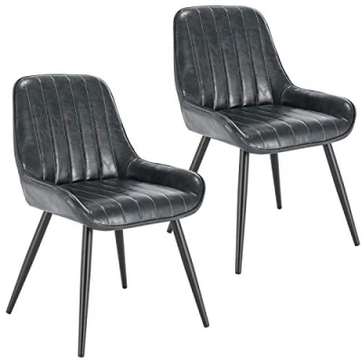 Image of Lestarain Dining Chairs Set of 2 Vintage Kitchen Counter Lounge Leisure Living Room Corner With Metal Legs PU Leather Seat and Backrests,Grey