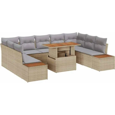 Image of vidaXL 10 Piece Garden Dining Set with Cushions Beige Poly Rattan Acacia