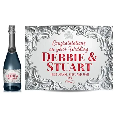 Image of TigerMill Publishing Personalised Silver Effect Champagne Labels for Any Occasion or Event, Birthday, Wedding, Engagement, Anniversary, Hen Night, Christmas etc (Silver/Red Type)