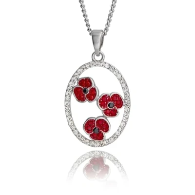Image of Equilibrium Red Poppy Trio Pendant Pretty Oval Silver Sparkle Necklace