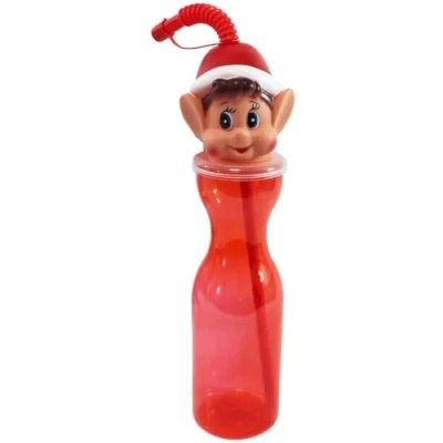 Image of PMSINT Fun &amp; Unique Clear Red Plastic Bottle With Elf Head On Top Flexistraw 500 ml Durable Material Perfect for Kids