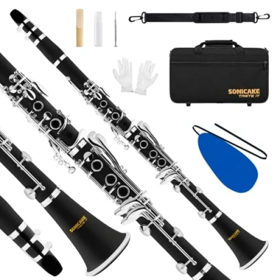 Image of SONICAKE B Flat Clarinet for Beginner, Ebonite Nickel plated with 2 Barrels, Original flute head, Reeds, White Gloves, Hard Case, Cleaning Kt