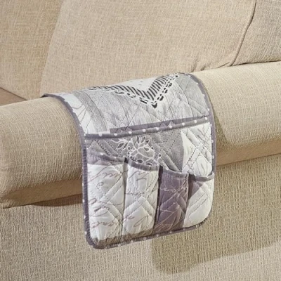 Image of Brilliant Sunshine Grey Heart Love Patchwork Couch Armrest 5 Pockets Organizer, Slip Resistant Armchair Caddy, Washable Remote Controls Holder, Storage for Magazine, Tablet, Phone, 35x13&quot;, White