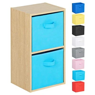 Image of Hartleys 2 Tier Oak Cube Unit Light Blue Storage Boxes