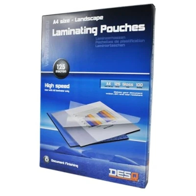 Image of DESQ® A4 125 Micron Gloss Laminating Pouches with Rounded Corners Landscape Pack of 100 216 x 303mm Premium