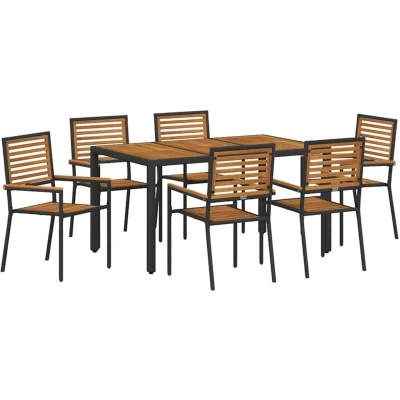 Image of vidaXL 7 Piece Garden Dining Set Black Poly Rattan Acacia