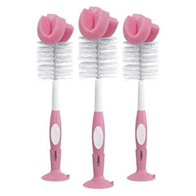 Image of Dr. Brown&#039;s Reusable Sponge Baby Cleaning Set with Suction Cup Stand, Scrubber and Nipple Cleaner, 3 Pack, Pink Bottle Brush, Pack of